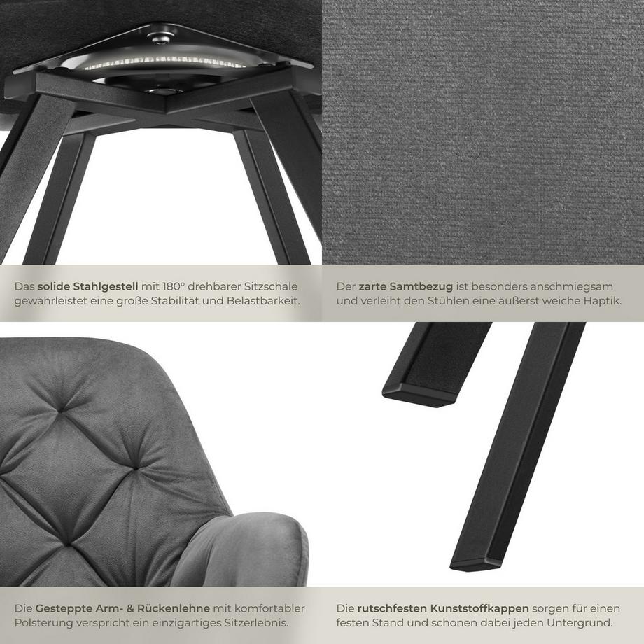 Tectake Sedia girevole in velluto con braccioli Lucia  imbottita, con motivo trapuntato  