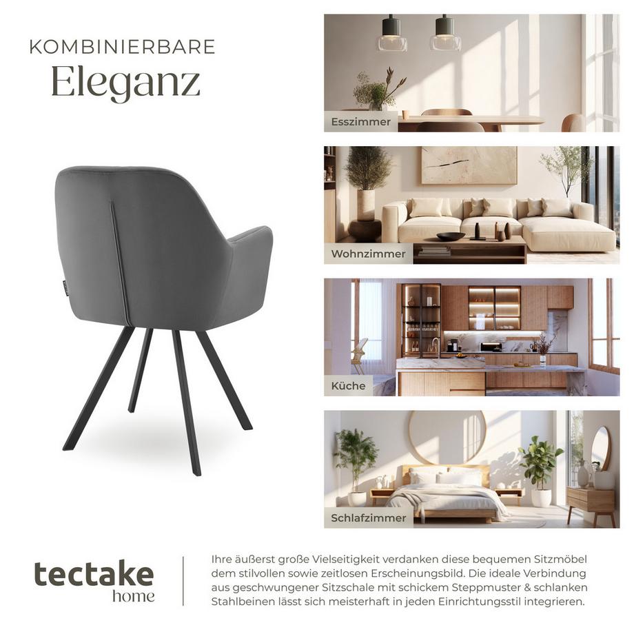 Tectake Sedia girevole in velluto con braccioli Lucia  imbottita, con motivo trapuntato  