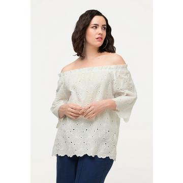 Blusa con spalle scoperte, taglio svasato, pizzo e mezze maniche