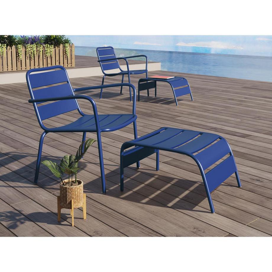 Fauteuil bas de jardin empilable + repose pied en métal - Bleu nuit - MIRMANDE de MYLIA