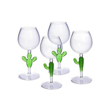 Lot de 4 verres à vin avec pieds cactus - Transparent et vert - D. 8.5  x H . 19.5  cm - GELLIF