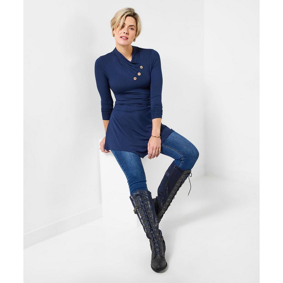 Tunika mit Schalkragen und asymmetrischen langen Ärmeln