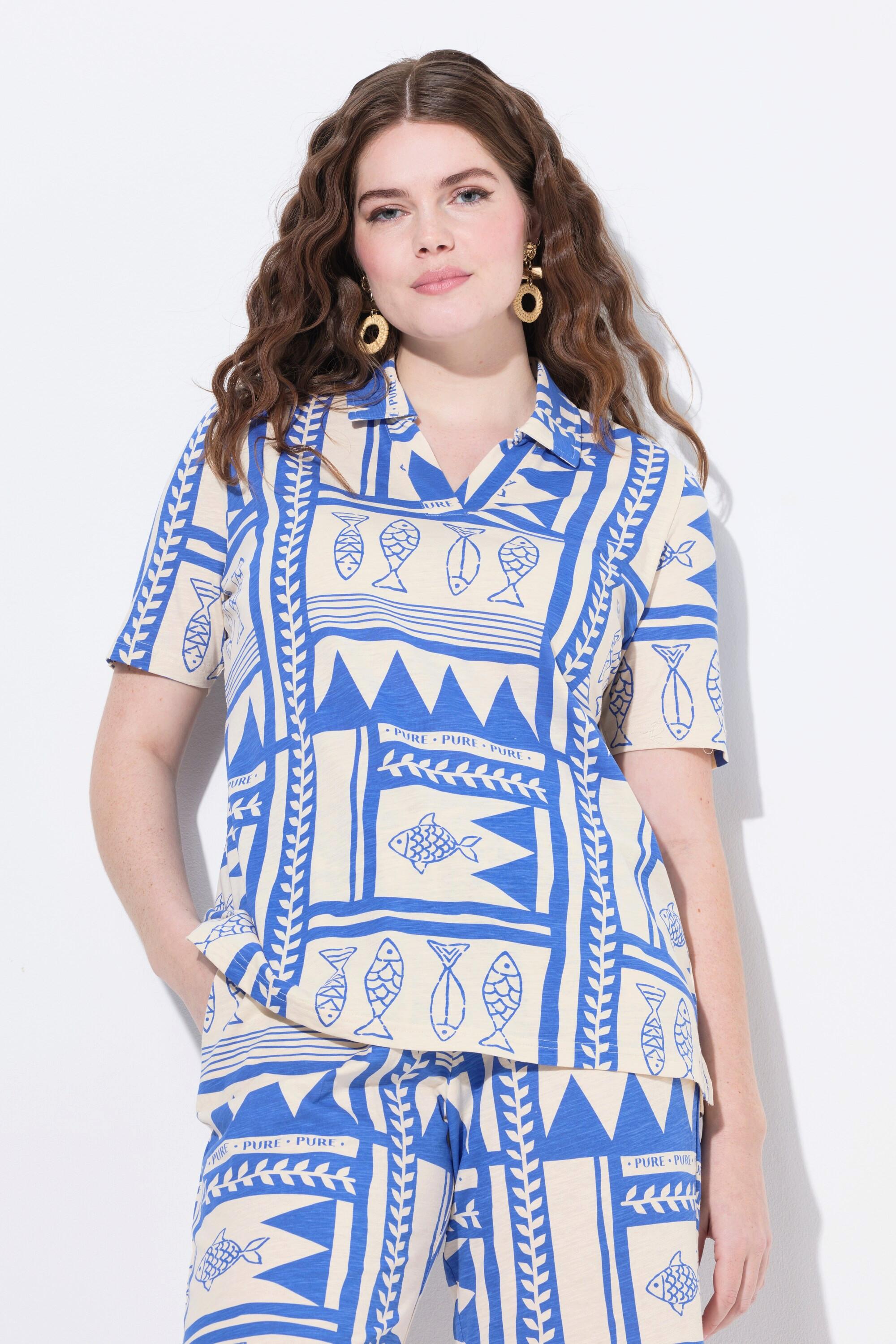 Ulla Popken Polo Stampa Pesci Vestibilità Classica  