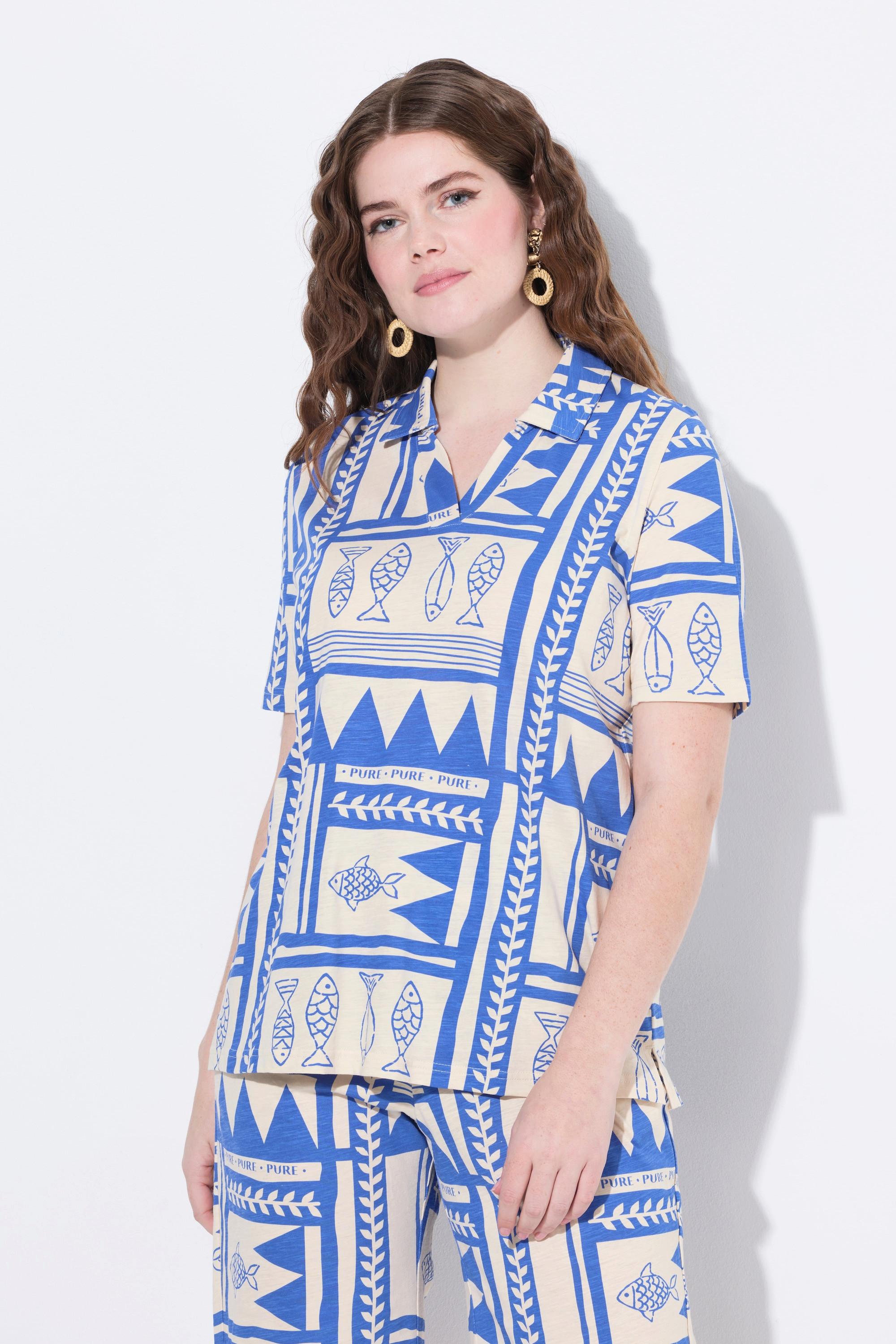 Ulla Popken Polo Stampa Pesci Vestibilità Classica  