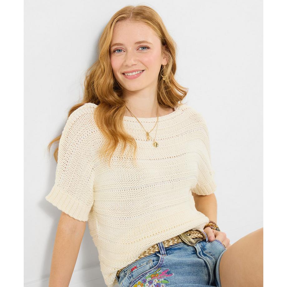 Kurzarm-Strickpullover mit U-Boot-Ausschnitt