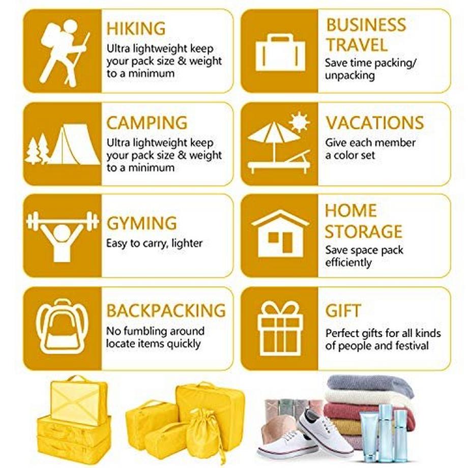 Only-bags.store  Koffer-Organisator, Kleidersäcke für Reisen, 8-teiliges Set, 7 x Farben, Reisegepäck-Organisatoren einschließlich wasserdichter Schuhaufbewahrungsbeutel, praktische Kompressionssäcke für Reisende Gelb 