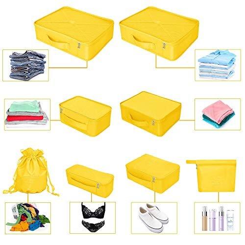 Only-bags.store  Organisateur de valise, sacs à vêtements pour le voyage, 8 pièces, 7 couleurs, organisateur de bagages de voyage incluant un sac de rangement de chaussures imperméable, sacs de compression pratiques pour les voyageurs Jaune 