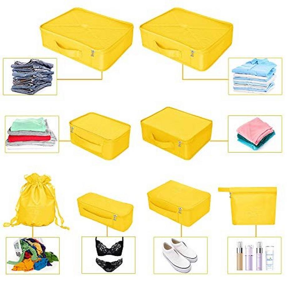 Only-bags.store  Koffer-Organisator, Kleidersäcke für Reisen, 8-teiliges Set, 7 x Farben, Reisegepäck-Organisatoren einschließlich wasserdichter Schuhaufbewahrungsbeutel, praktische Kompressionssäcke für Reisende Gelb 