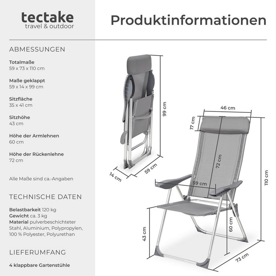 Tectake 4er Set Aluminium Gartenstuhl Maurine klappbar wetterfest und UV-beständig  