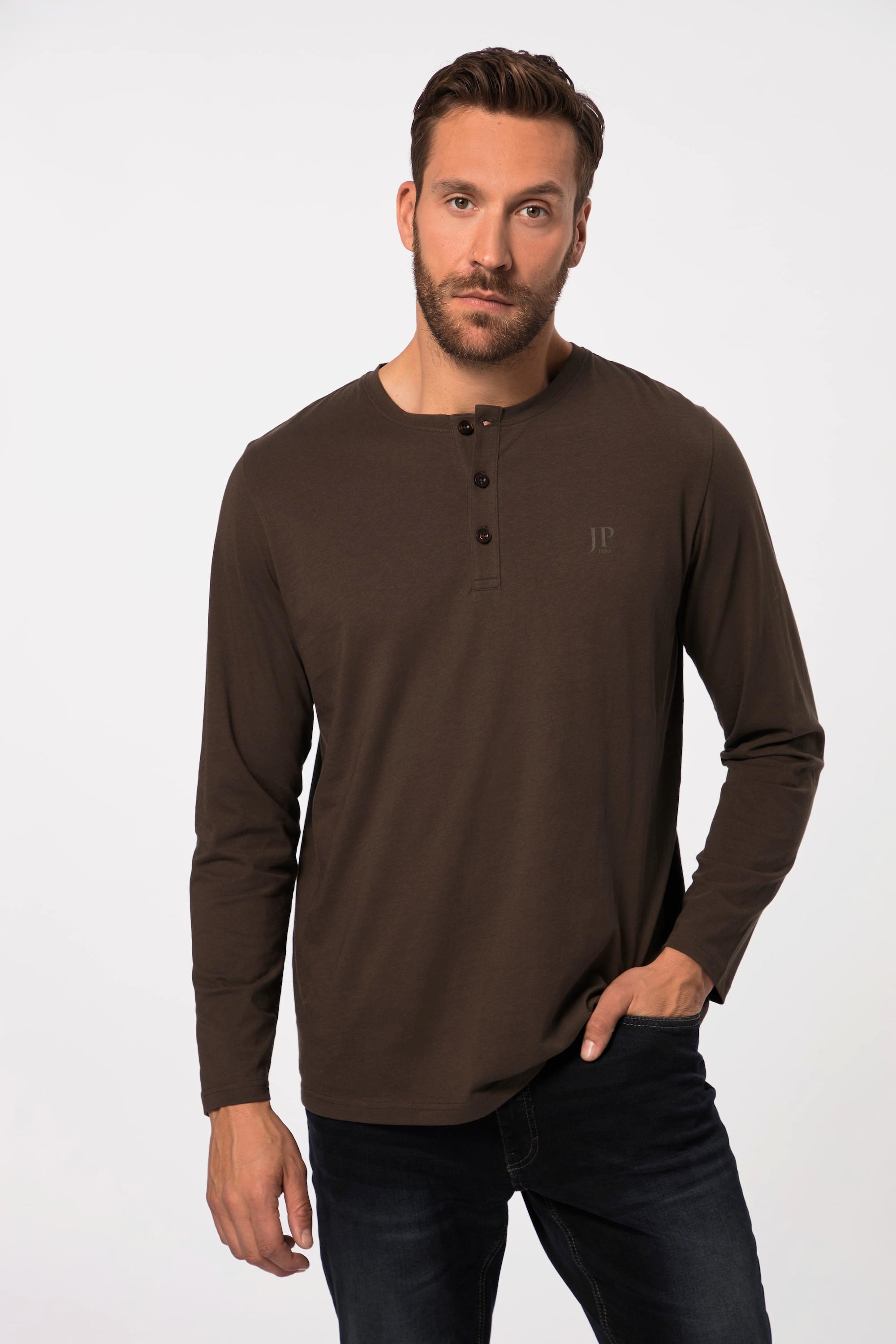 JP1880  T-shirt JP 1880 Henley Basic, manches longues et patte de boutonnage noisette 