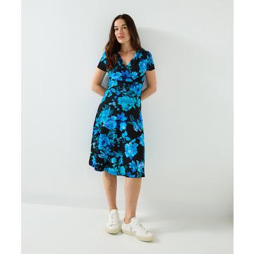 Jerseykleid mit Winterblumenmuster und Wickeloptik