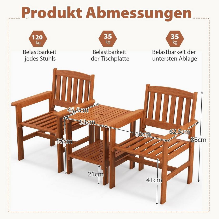 Northix 3-tlg Bistro-Set aus Holz mit 2 Stühlen & Tisch & Loch für Sonnenschirm Sitzgarnitur Sitzgruppe  