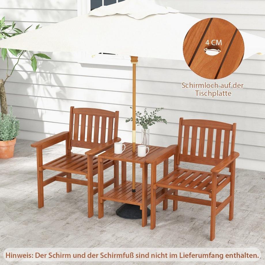 Northix 3-tlg Bistro-Set aus Holz mit 2 Stühlen & Tisch & Loch für Sonnenschirm Sitzgarnitur Sitzgruppe  