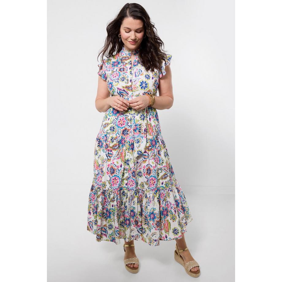 Robe Maxi Broderie Imprimée avec Col à Volants et Jupe à Nouer