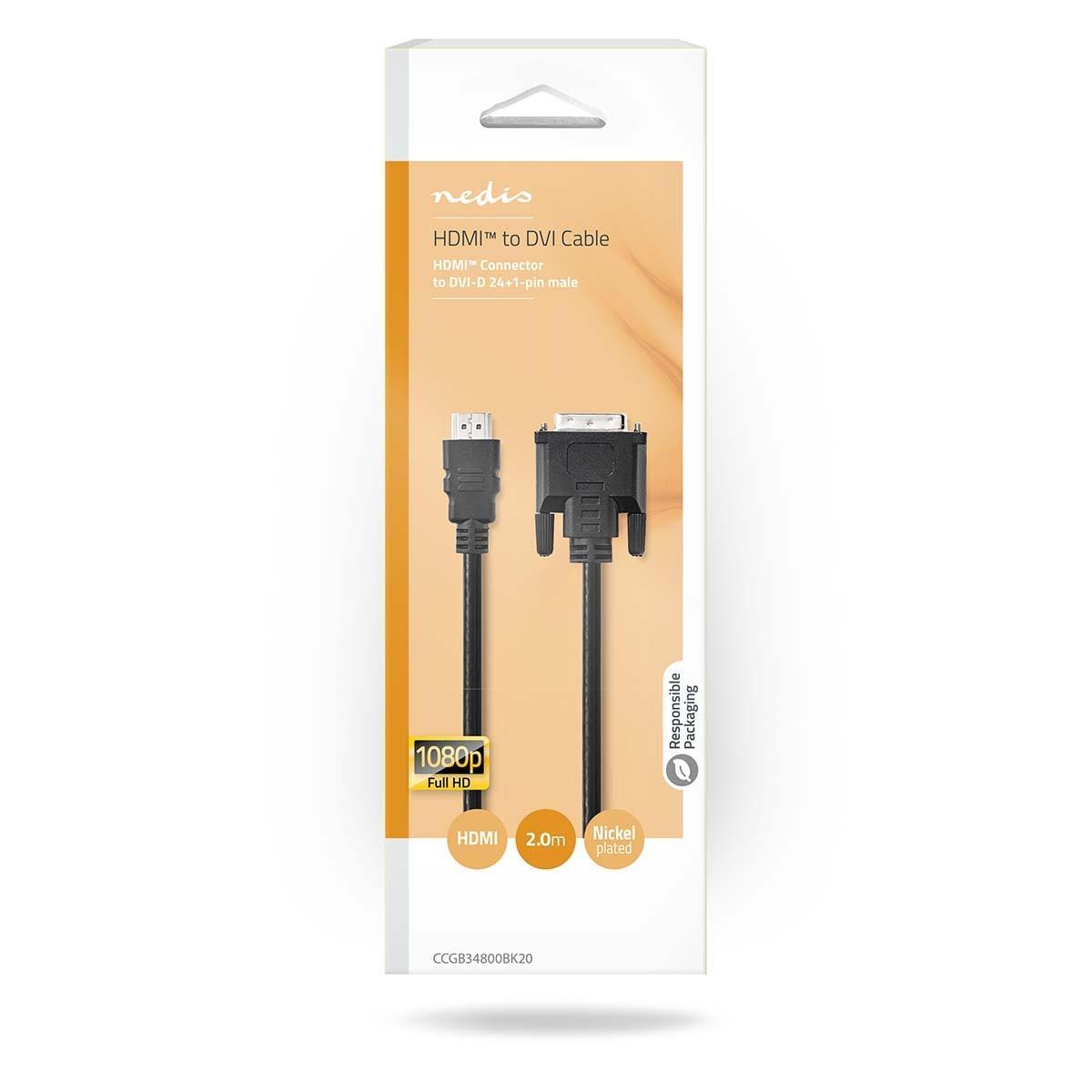Nedis  HDMI™ Cable | HDMI™ Connector | DVI-D 24+1-Pin Male | 1080p | Nickel Plated | 2.00 m | Straight | PVC | Black | Boxed 