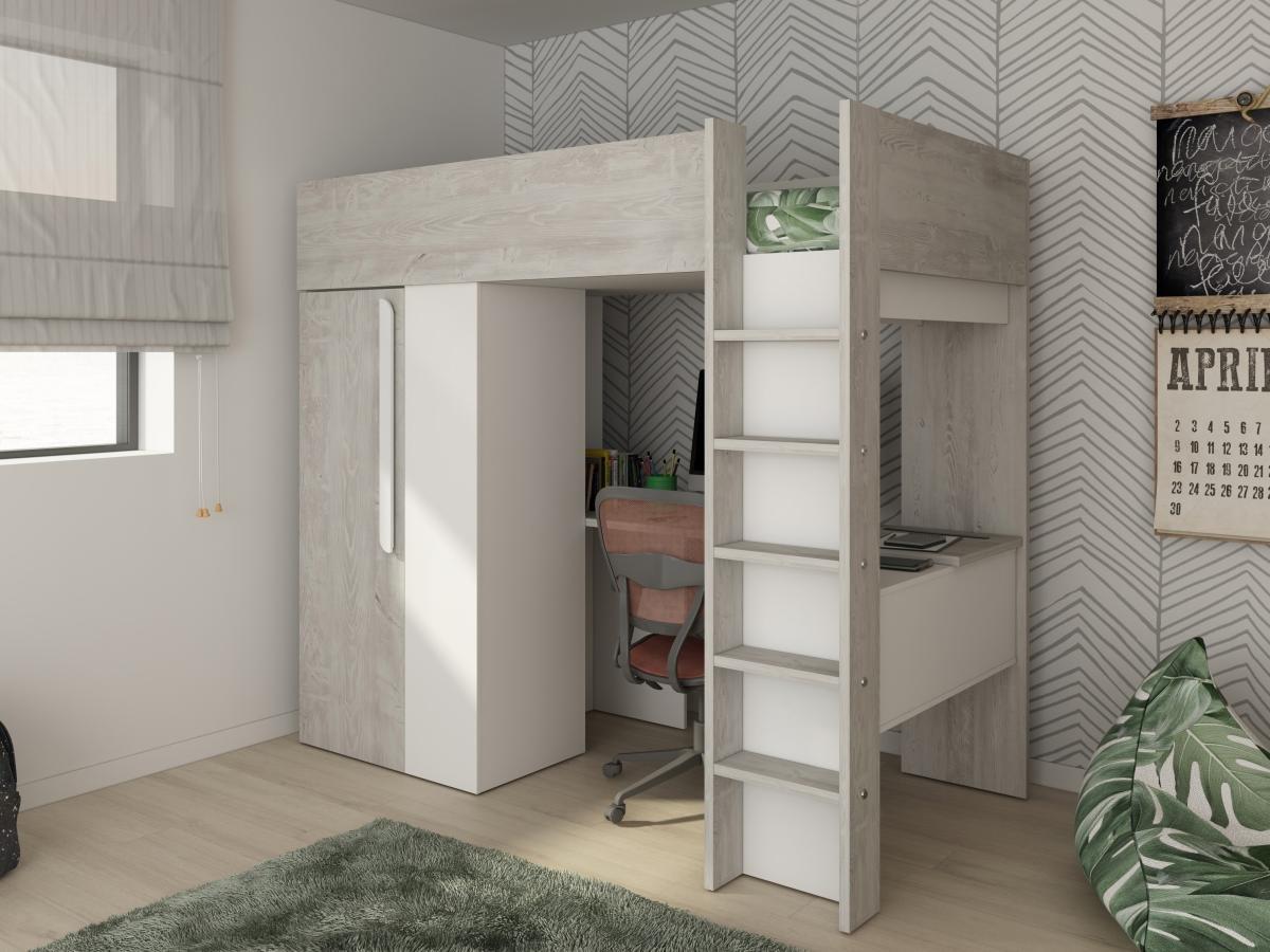 Vente-unique Lit mezzanine 90 x 200 cm avec armoire et bureau - Naturel grisé et blanc + Matelas - NICOLAS  