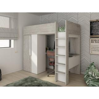 Vente-unique Lit mezzanine 90 x 200 cm avec armoire et bureau - Naturel grisé et blanc + Matelas - NICOLAS  