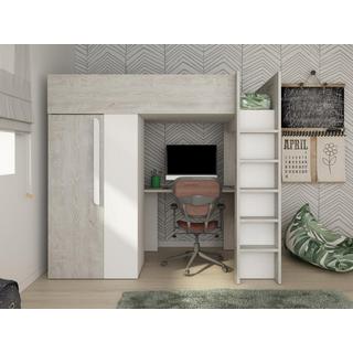 Vente-unique Lit mezzanine 90 x 200 cm avec armoire et bureau - Naturel grisé et blanc + Matelas - NICOLAS  