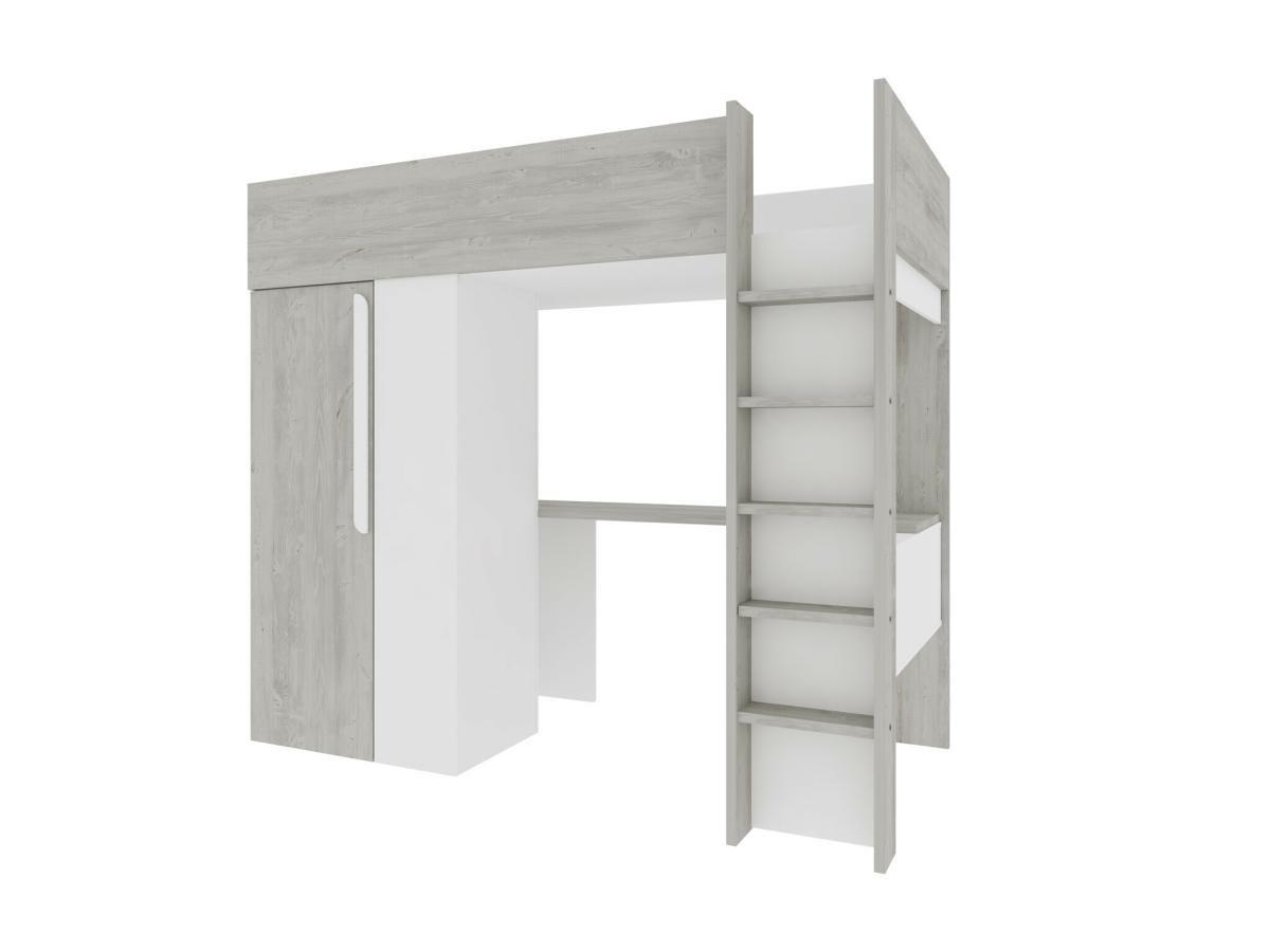 Vente-unique Lit mezzanine 90 x 200 cm avec armoire et bureau - Naturel grisé et blanc + Matelas - NICOLAS  