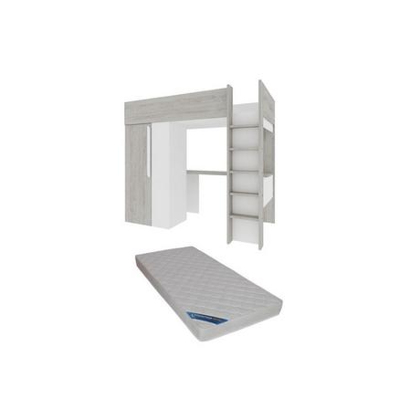 Vente-unique Lit mezzanine 90 x 200 cm avec armoire et bureau - Naturel grisé et blanc + Matelas - NICOLAS  