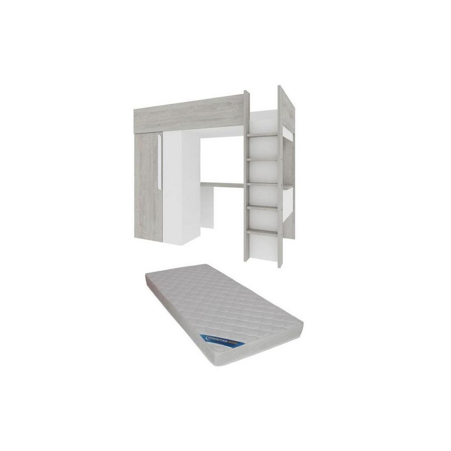 Lit mezzanine 90 x 200 cm avec armoire et bureau - Naturel grisé et blanc + Matelas - NICOLAS