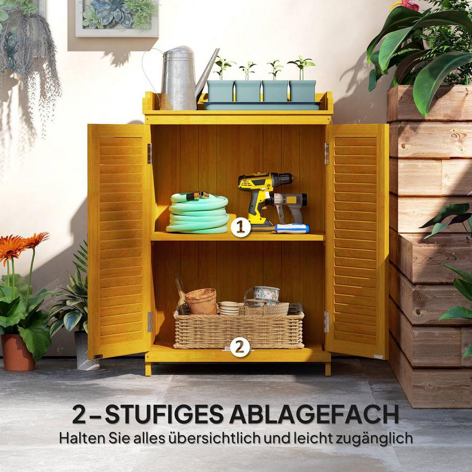 Northio Gartenschrank Holz, Geräteschuppen mit Arbeitsfläche, wetterfest Geräteschrank, 65,5x40x98,5cm, Gerätehaus mit Lamellentür, Ablagen, Werkzeugschrank Gartenschuppen für Garten, Terrasse, Gelb Aosom  