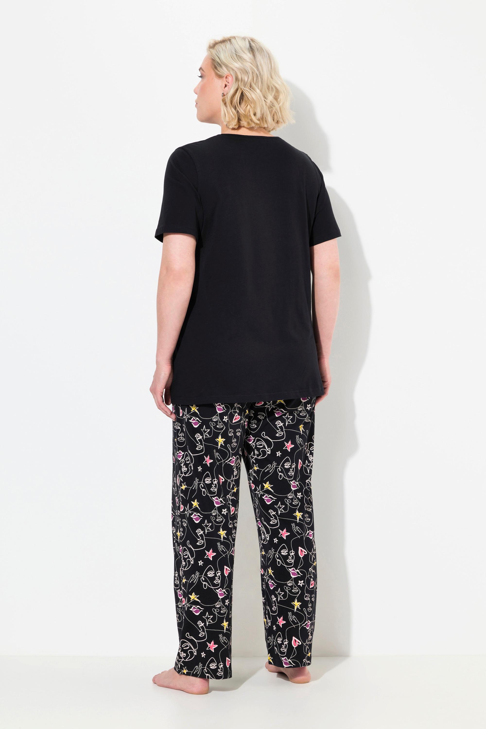 Ulla Popken Pigiama Cuore Scribble Maniche Corte Pantaloni Lunghi  