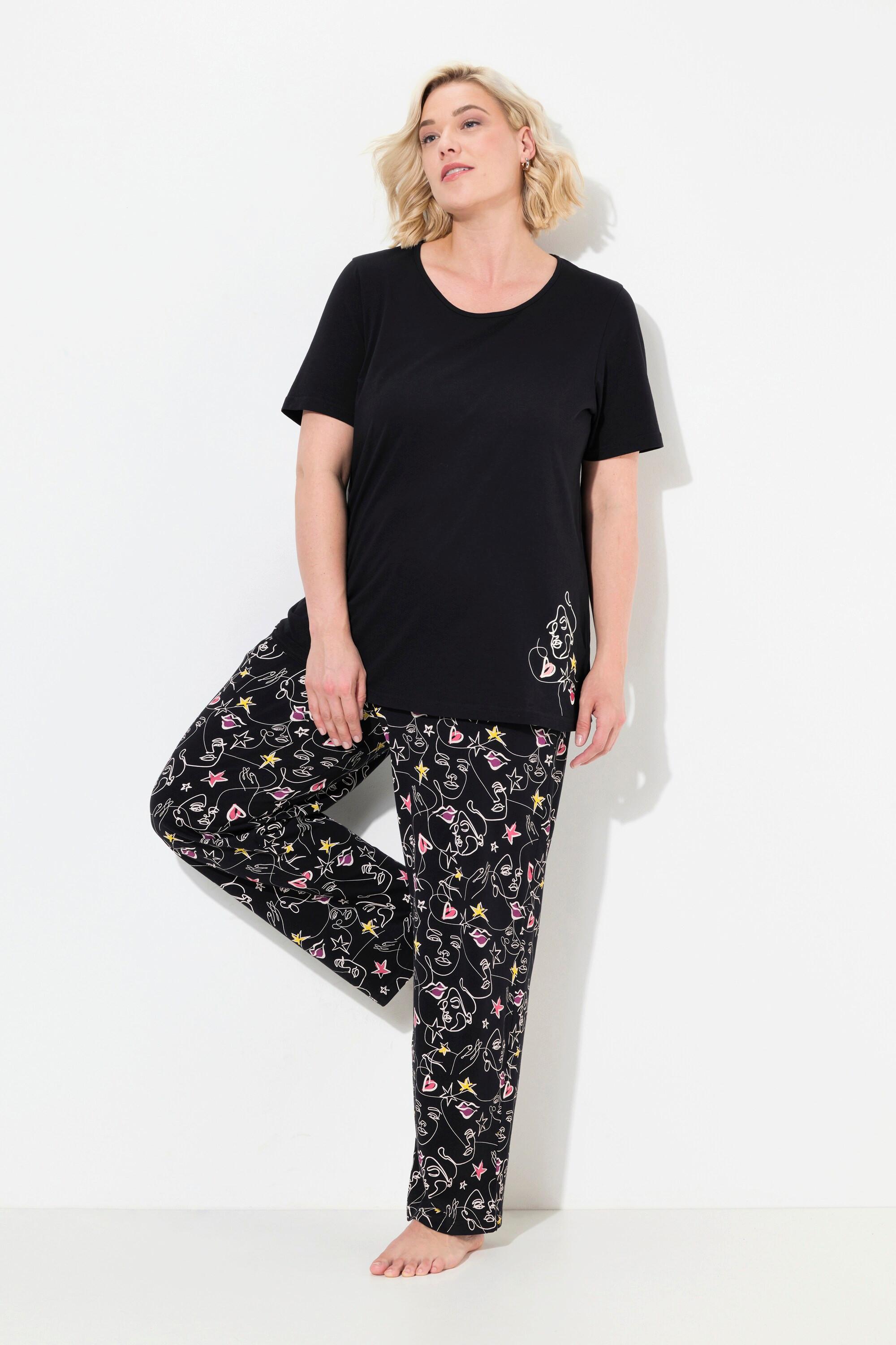 Ulla Popken Pigiama Cuore Scribble Maniche Corte Pantaloni Lunghi  