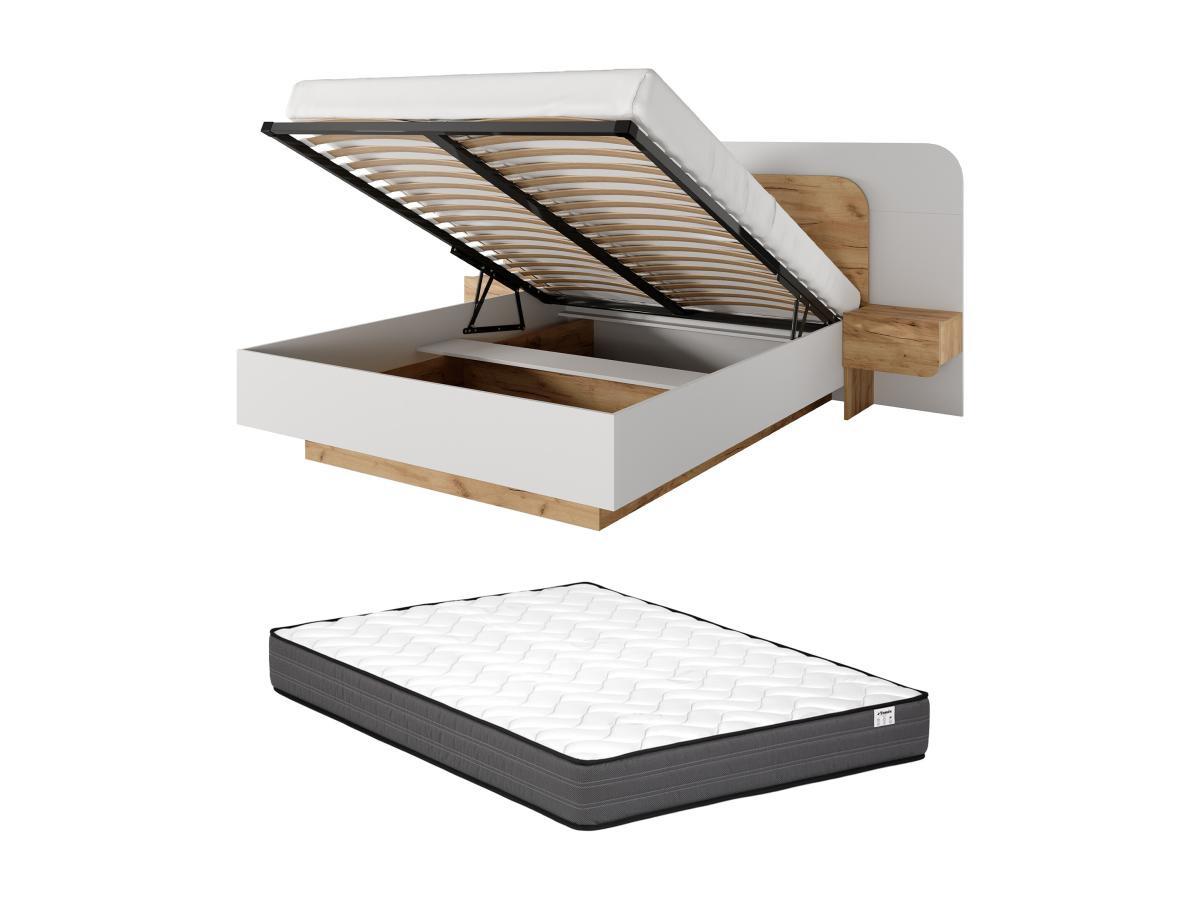 Vente-unique Letto con contenitore con comodini 160 x 200 cm Con LED Naturale e Bianco + Materasso - DESADO  