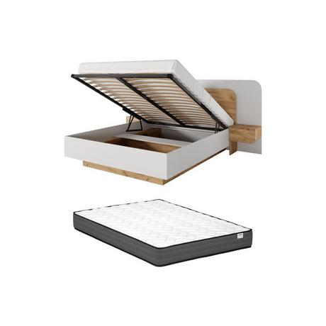 Vente-unique Bettkasten mit Nachttischen 160 x 200 cm - Mit LEDs - Naturfarben und Weiß + Matratze - DESADO  