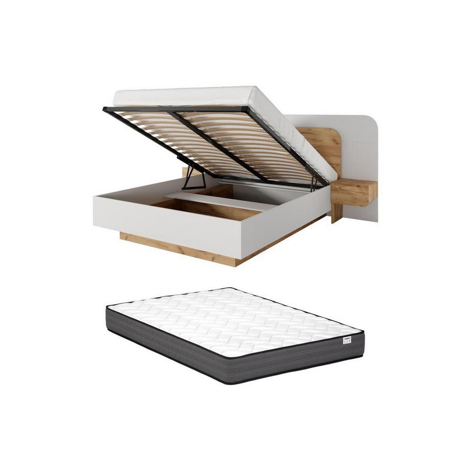 Lit coffre avec chevets 160 x 200 cm - Avec LEDs - Coloris : Naturel et blanc + Matelas - DESADO