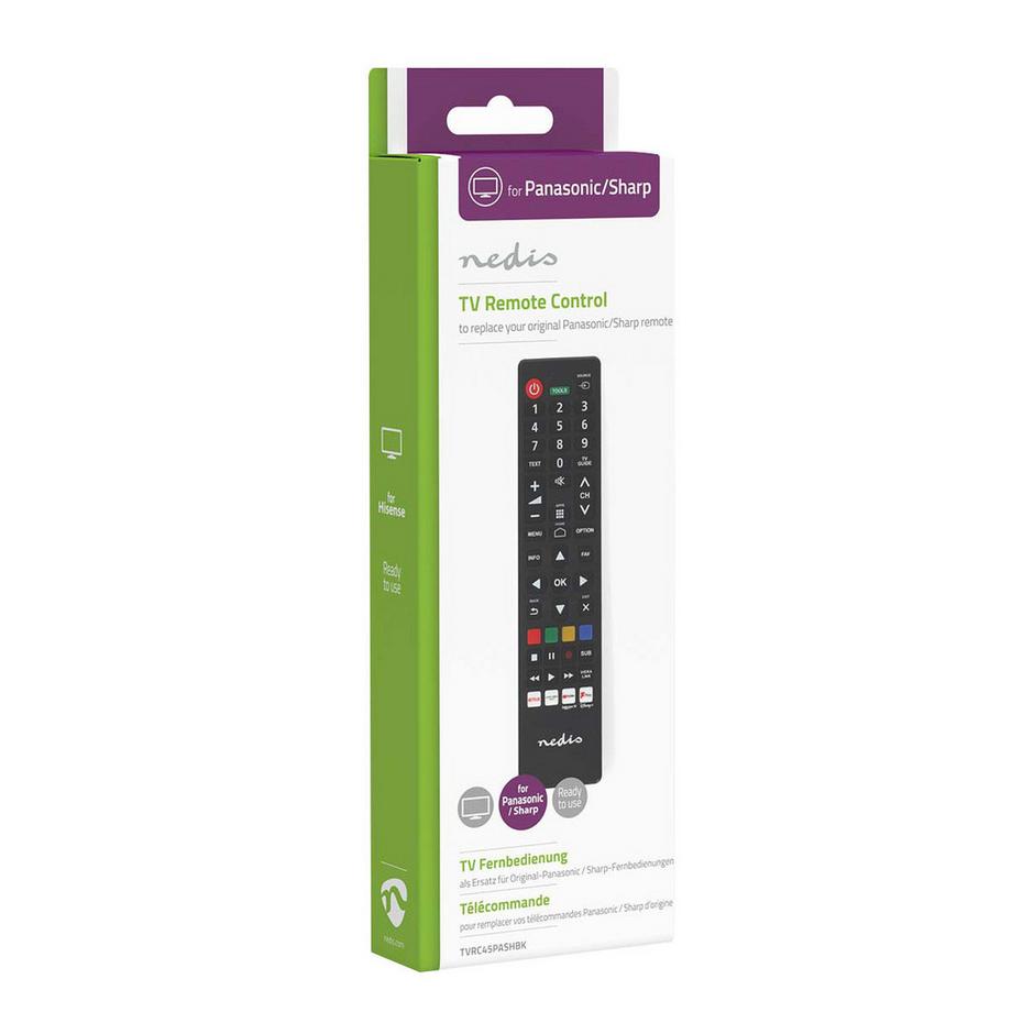 Nedis  Controllo remoto sostitutivo | Adatto per: Panasonic / Sharp | Pre -programmed | 1 dispositivo | Pulsante Amazon Prime / Disney + Button / Netflix / pulsante TV Rakuten / pulsante YouTube | Infrarosso | Nero 
