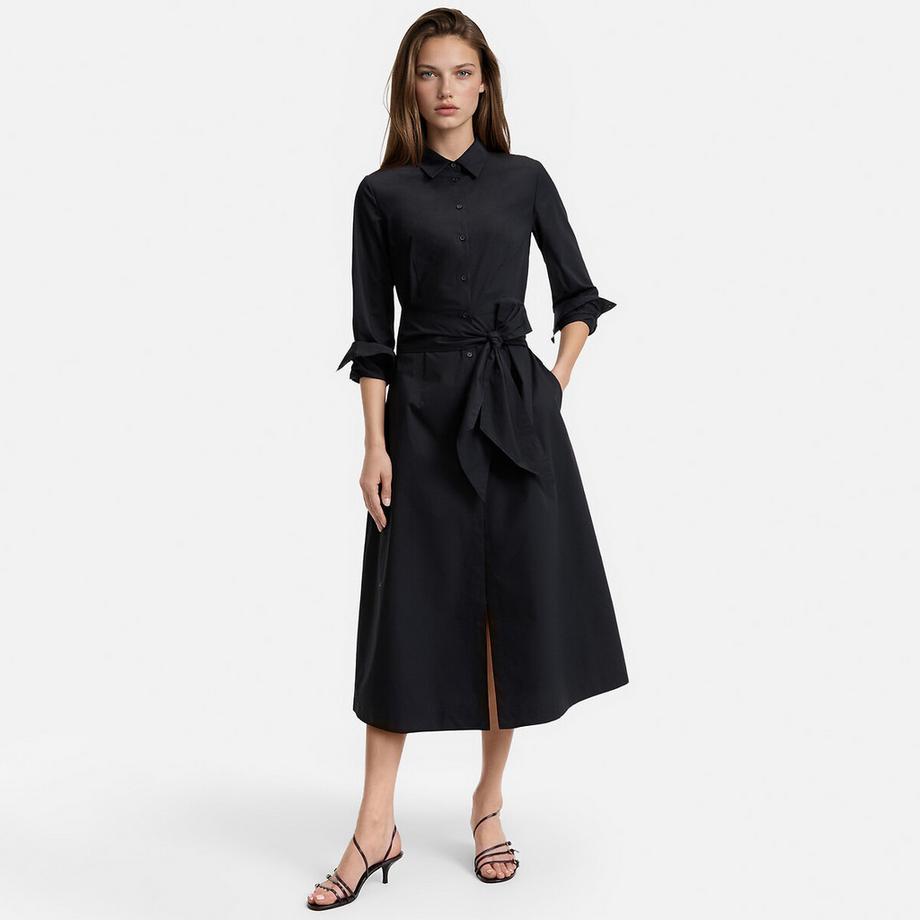 Robe chemise midi à manches longues et ceinture à nouer&nbsp;