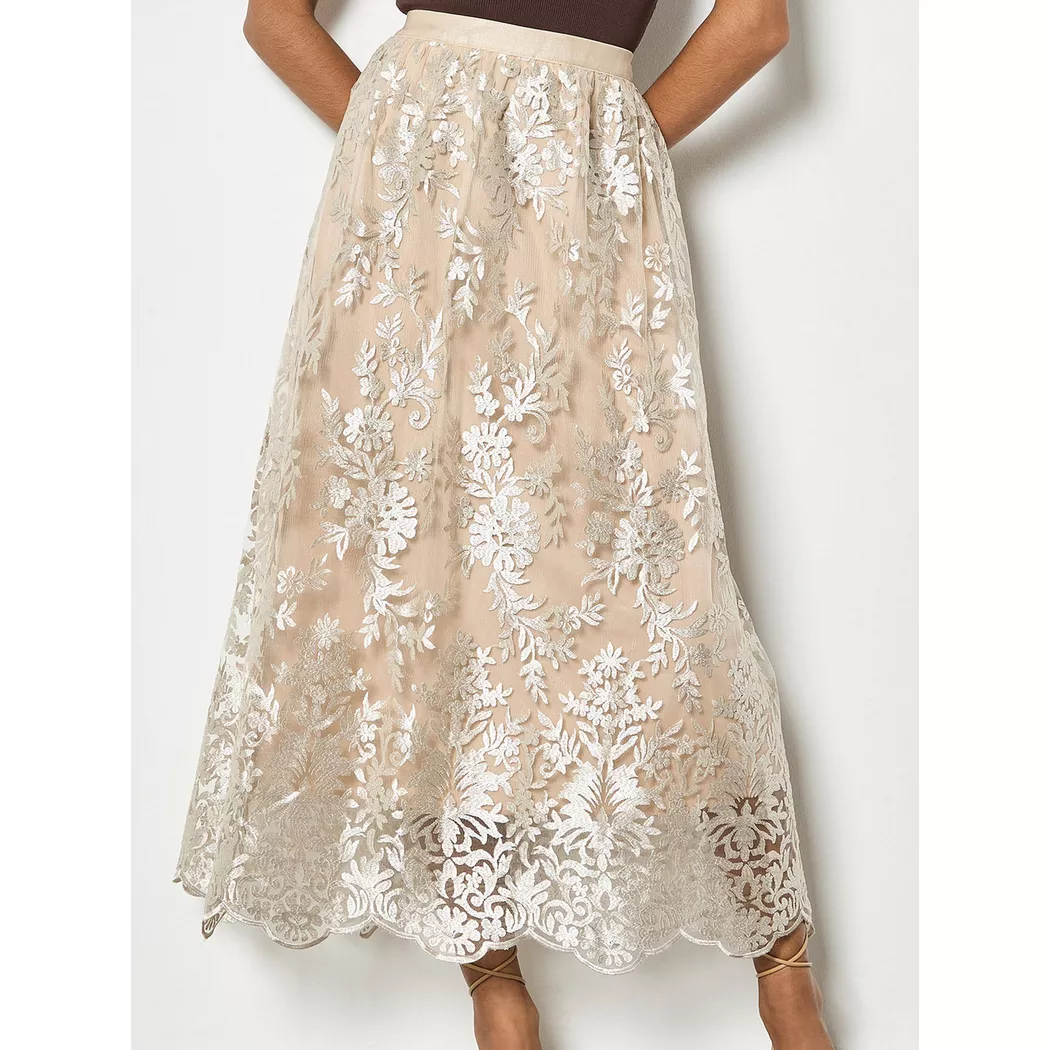 Apricot Women's Shimmer Mesh Floral Embroidered Midi Skirt in Stone | Size: 8