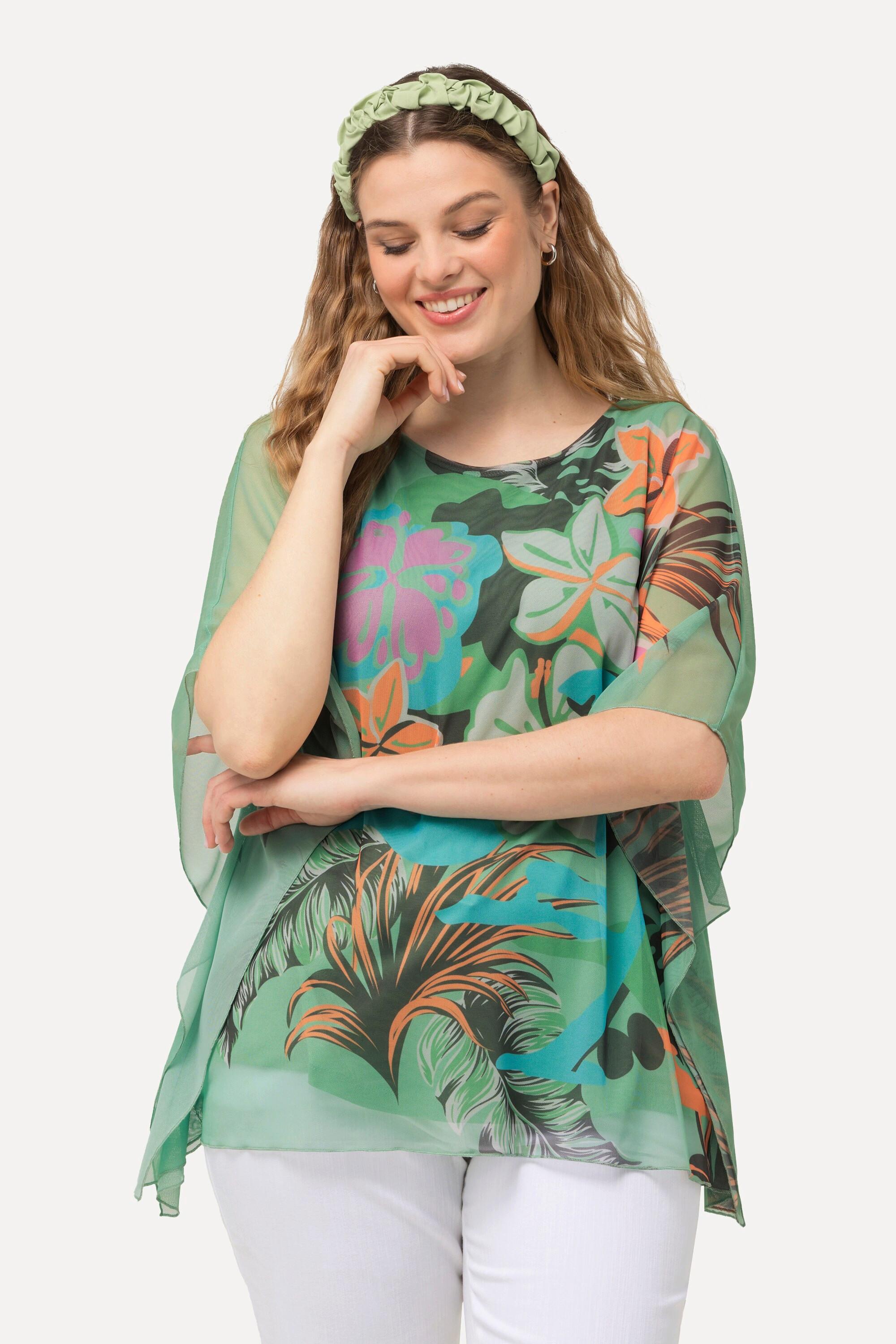 Ulla Popken  Blouse doublée à imprimé floral. Encolure ronde et manches courtes 