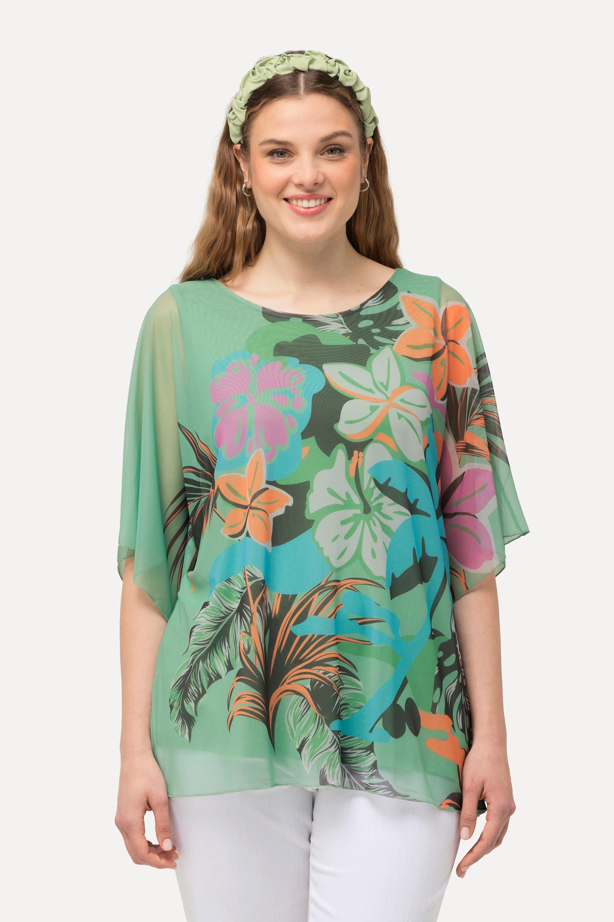 Ulla Popken Blusa doppio strato fiori scollo rotondo mezze maniche  