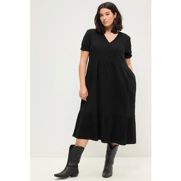 Robe midi en mousseline coupe trapèze, décolleté en V et manches courtes