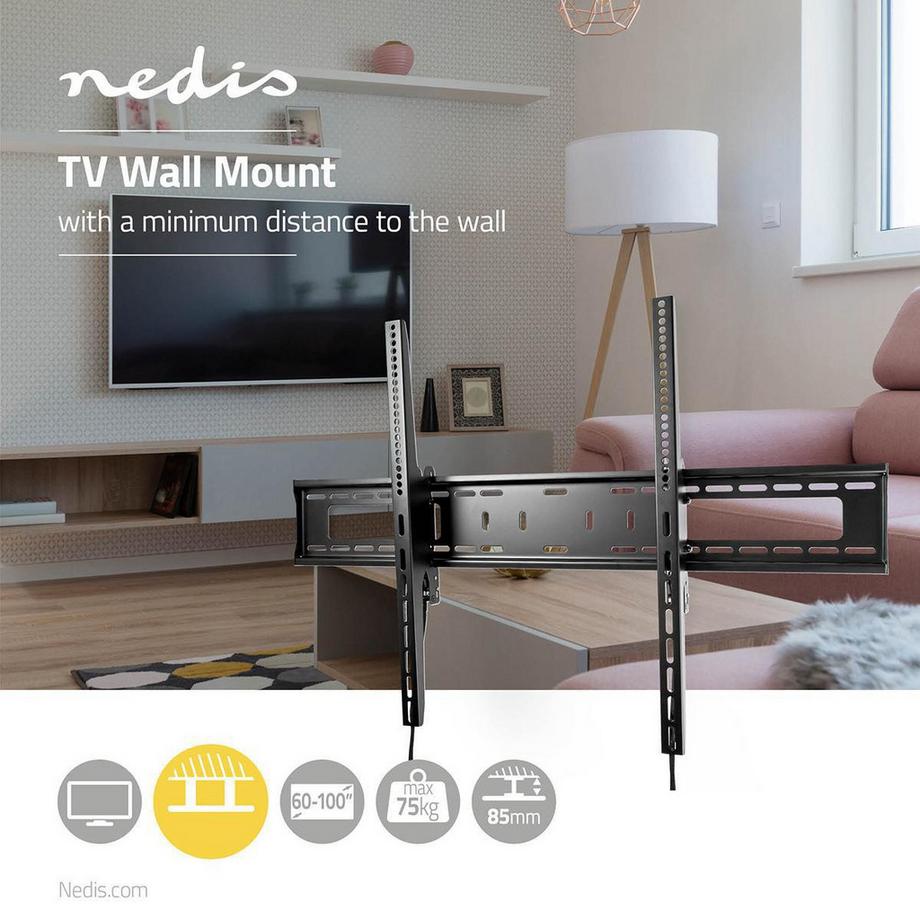 Nedis  Support mural TV inclinable | 60-100" | Poids maximal de l'écran supporté : 75kg | Inclinable : 5° | Distance minimale au mur : 85mm | Acier | Noir 