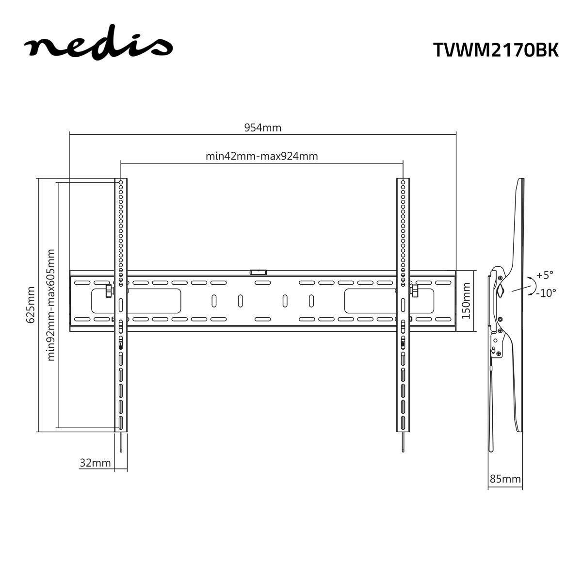 Nedis  Neigbare TV-Wandhalterung | 60-100" | Maximal unterstütztes Gewicht des Bildschirms: 75kg | Neigbar: 5° | Minimaler Wandabstand: 85mm | Stahl | Schwarz 