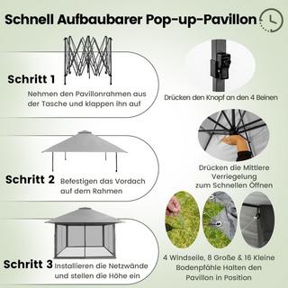 Northix Gazebo da giardino 4 x 4 m con pareti laterali in rete, protezione UV 50+, grigio  