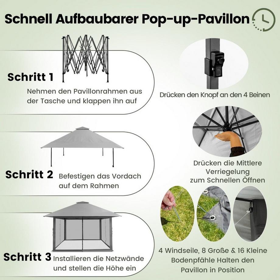 Northix 4 x 4 m Pavillon Gartenpavillon mit Netzseitenwänden UV-Schutz 50+ Grau  