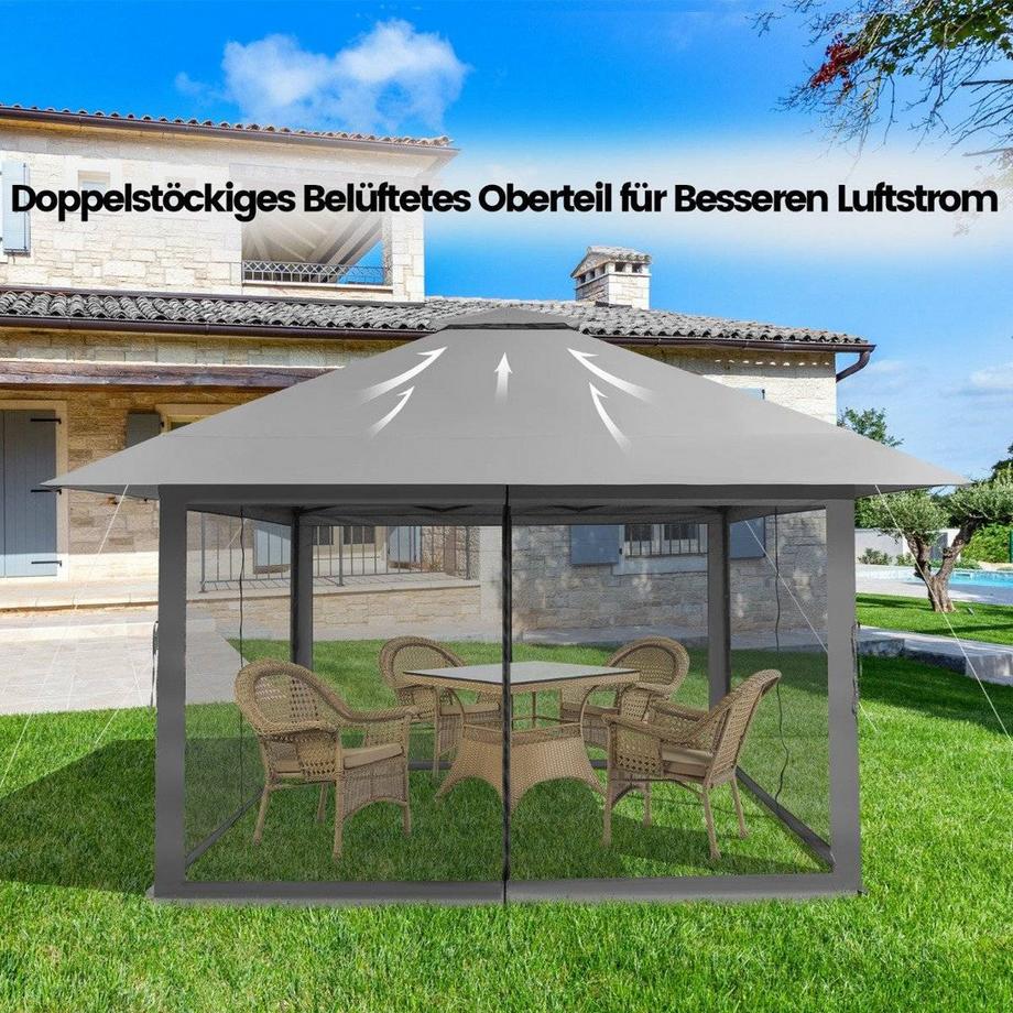 Northix 4 x 4 m Pavillon Gartenpavillon mit Netzseitenwänden UV-Schutz 50+ Grau  