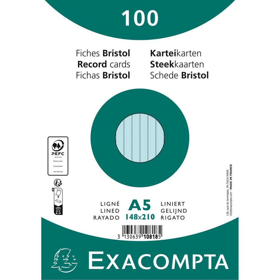 Exacompta Paquet 100 fiches sous film - bristol ligné non perforé 148x210mm - x 10  