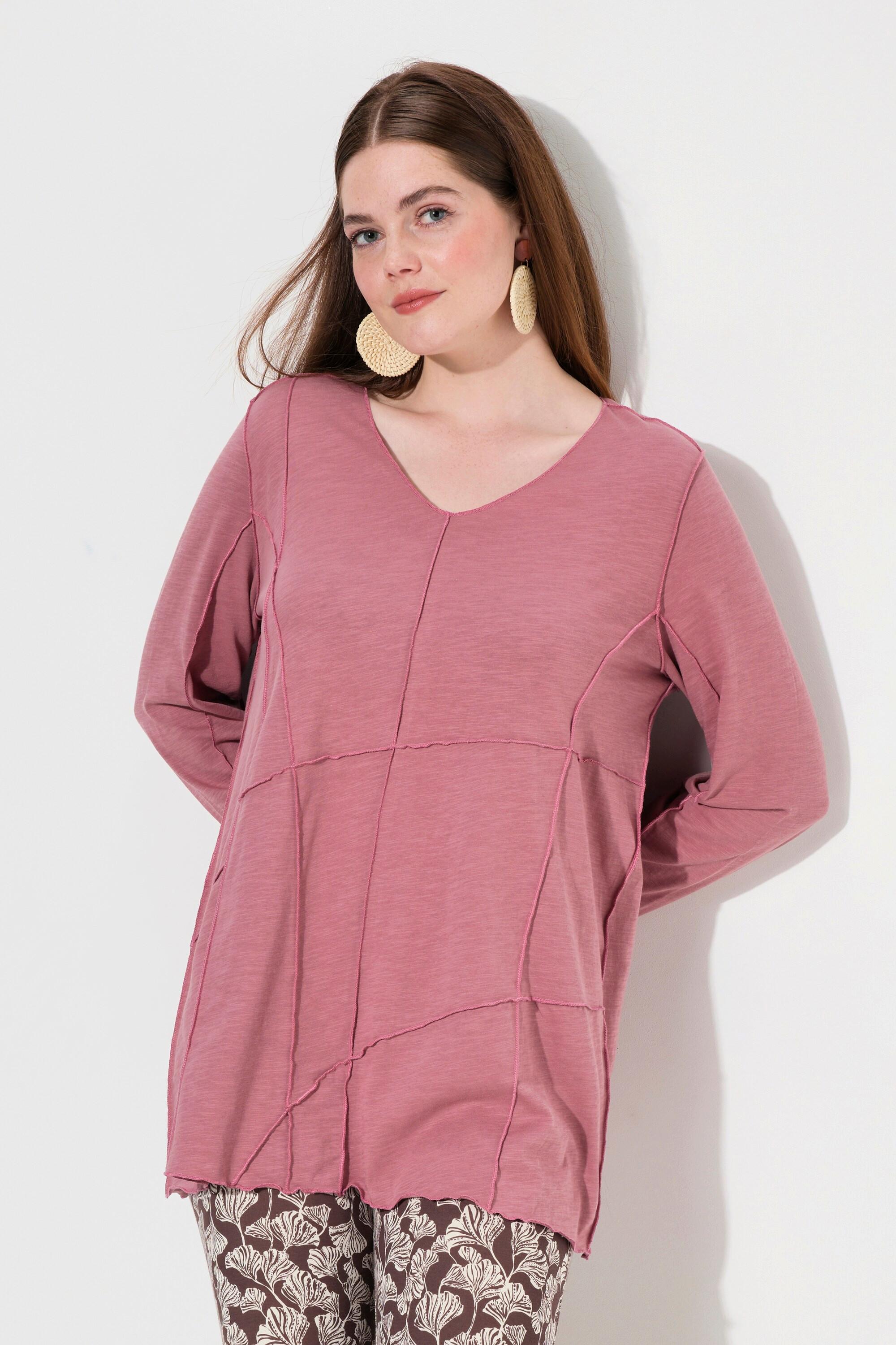 Ulla Popken  Shirt, Ziernähte, V-Ausschnitt, 3/4-Arm, Biobaumwolle 