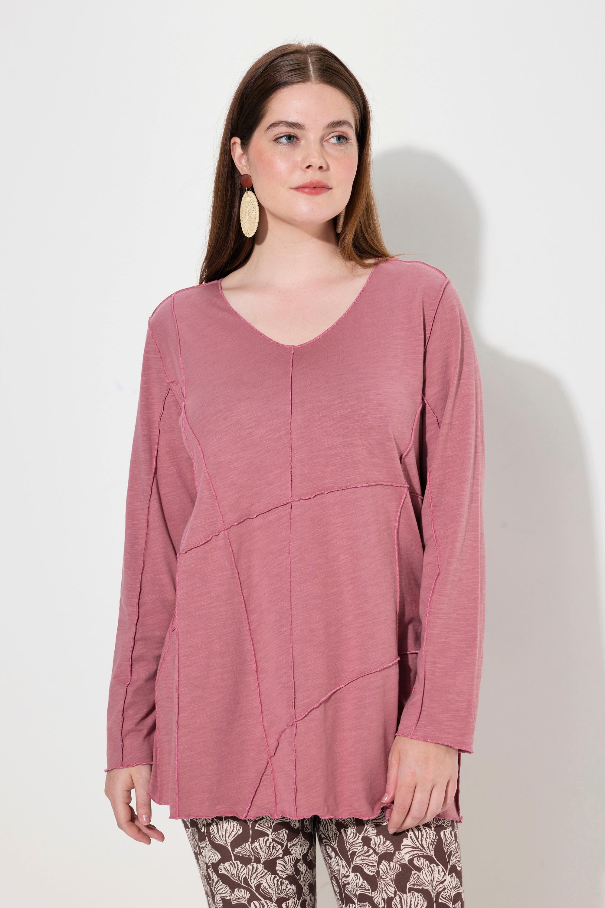 Ulla Popken  Shirt, Ziernähte, V-Ausschnitt, 3/4-Arm, Biobaumwolle 