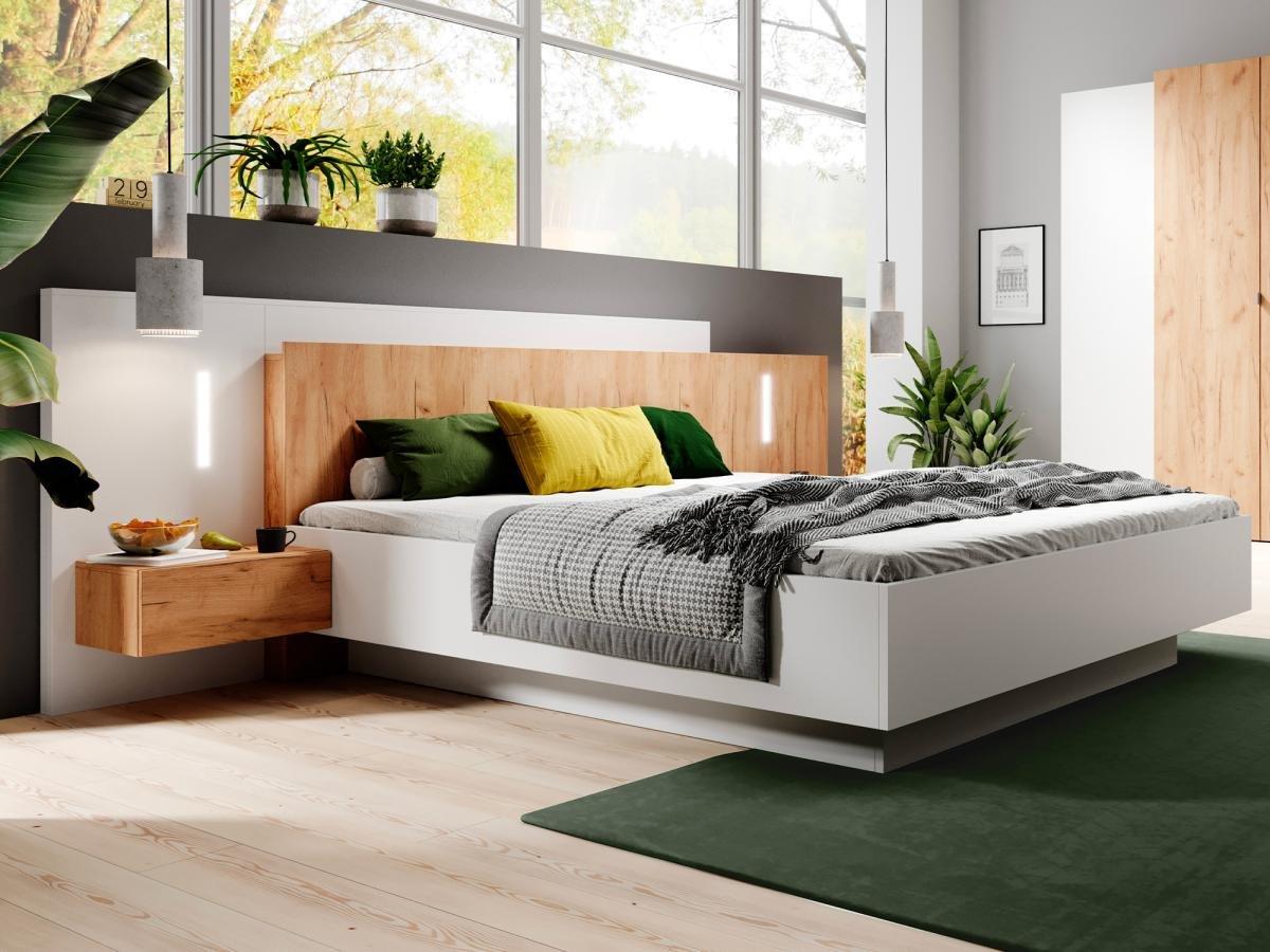 Vente-unique Bett mit Bettkasten mit Nachttischen - 160 x 200 cm - 2 Schubladen + LEDs - Weiß & Holzfarben - FRANCOLI  