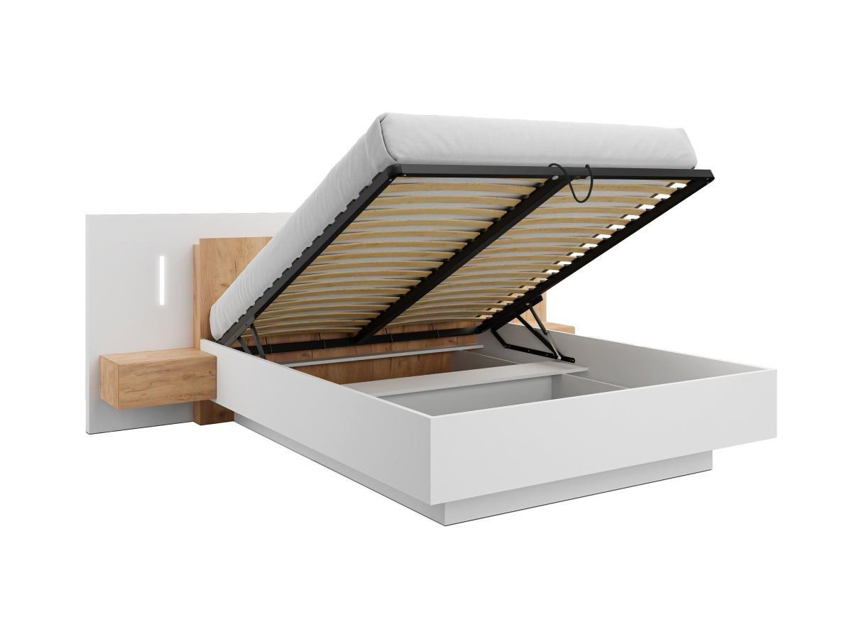 Vente-unique Bett mit Bettkasten mit Nachttischen - 160 x 200 cm - 2 Schubladen + LEDs - Weiß & Holzfarben - FRANCOLI  