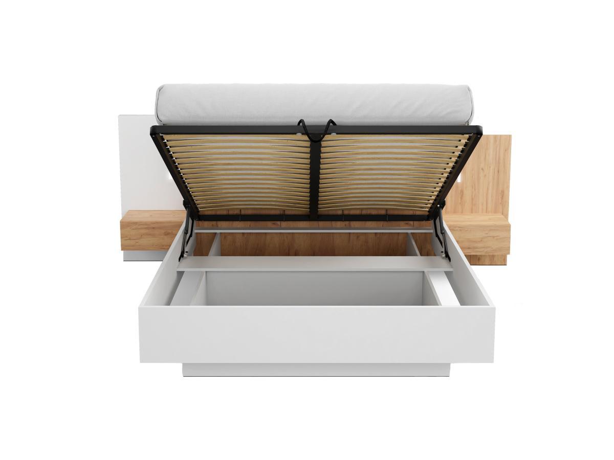 Vente-unique Bett mit Bettkasten mit Nachttischen - 160 x 200 cm - 2 Schubladen + LEDs - Weiß & Holzfarben - FRANCOLI  
