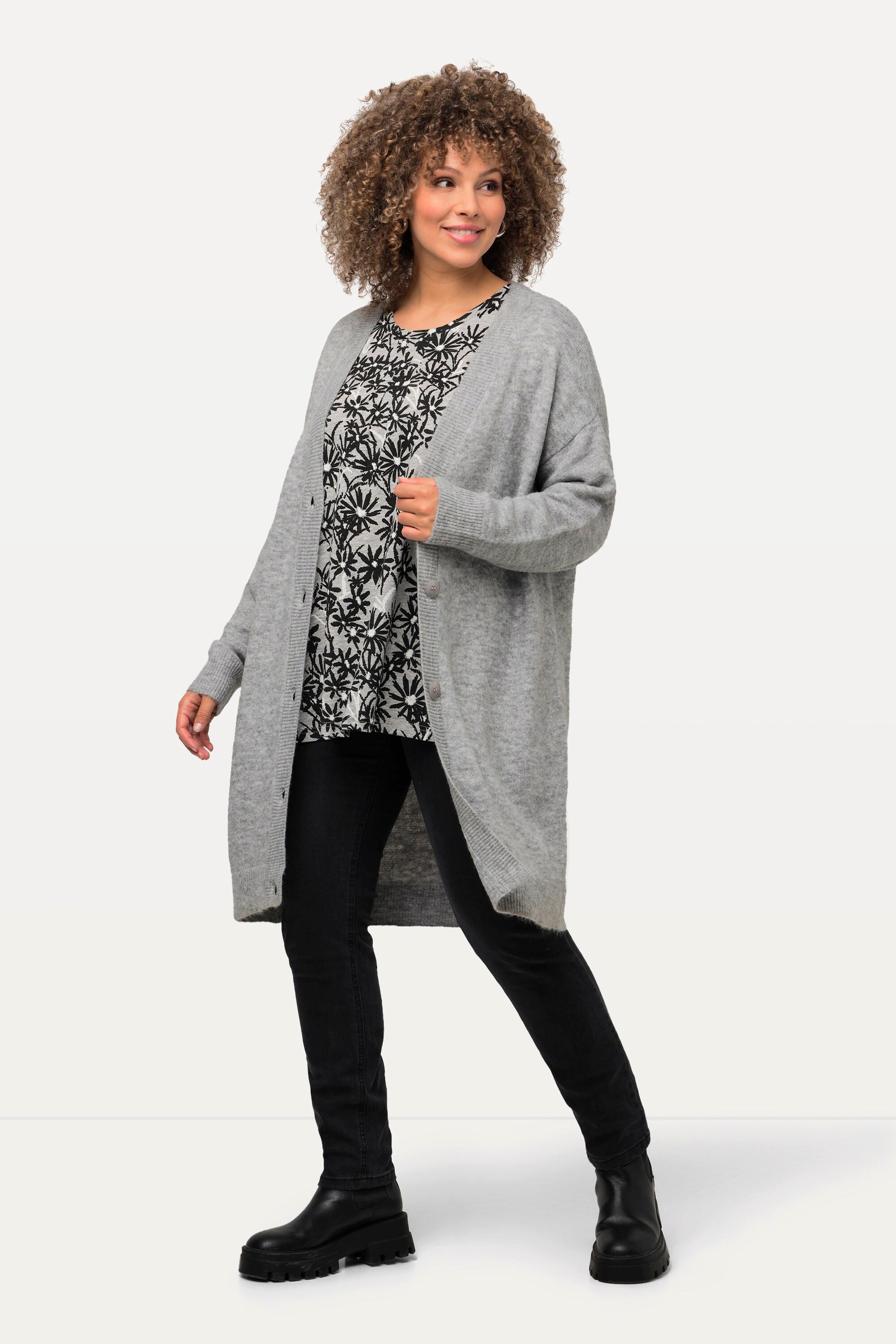 Ulla Popken Cardigan Boxy Maglia Fine Bottoni Scollo V  