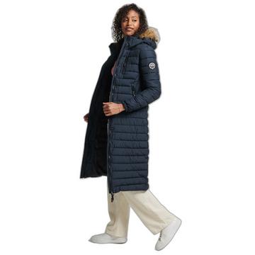 leichte lange daunenjacke mit kapuze au kuntpelz, damen uperdry